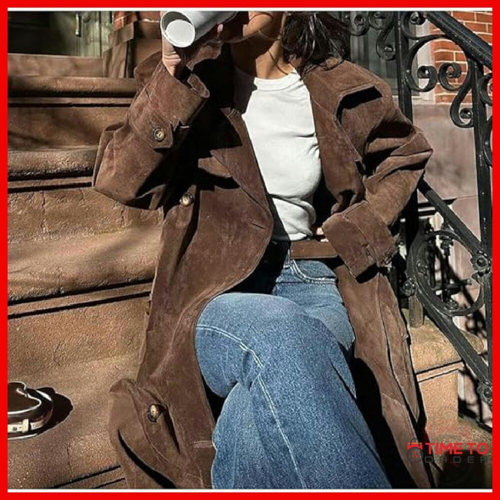 Faux Suede Long Trench Coat Double Breasted Belted Slim Fit Overcoat - Picture 6 of 8